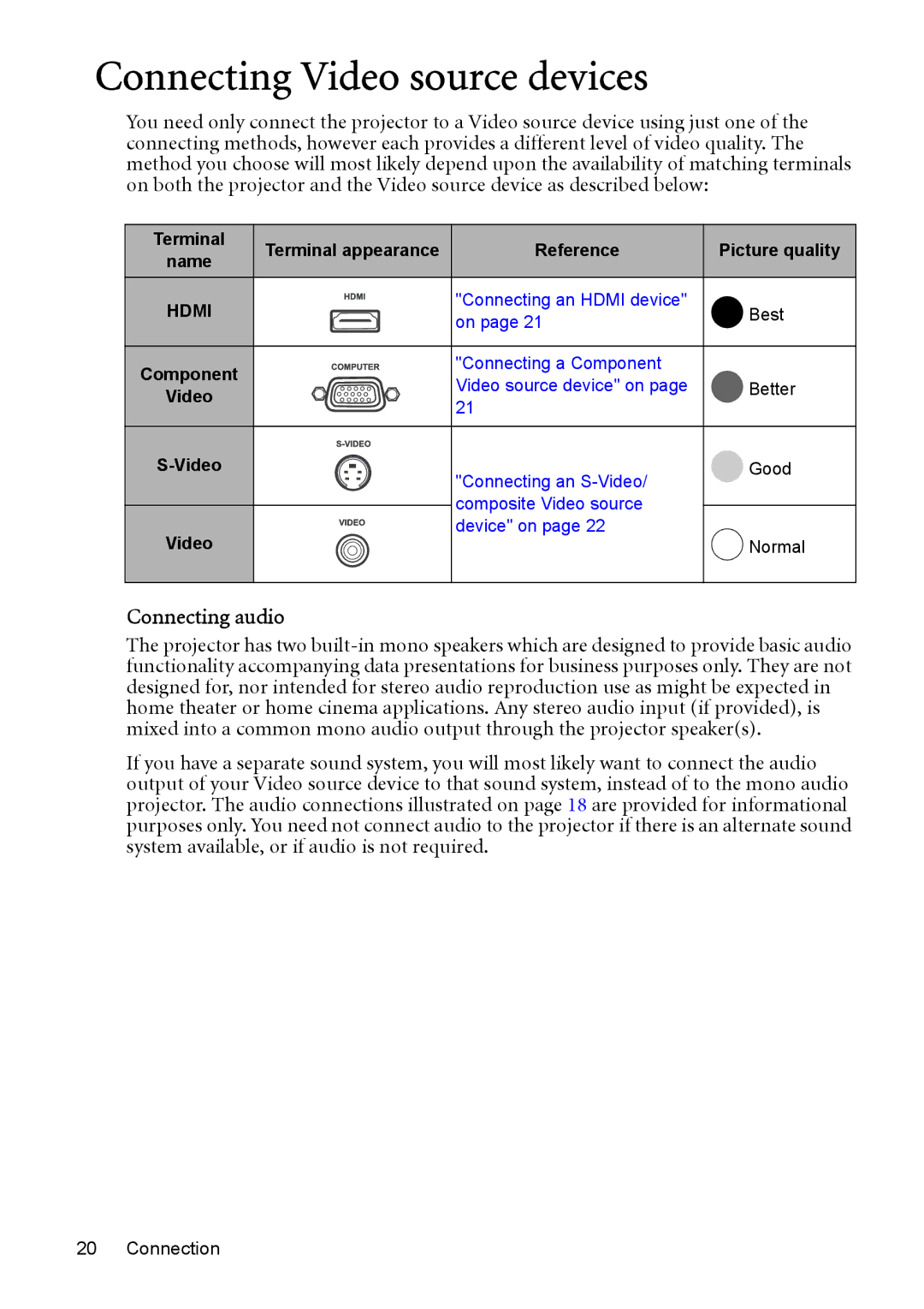 BenQ MP525 ST, MP515 ST user manual Connecting Video source devices, Connecting audio 