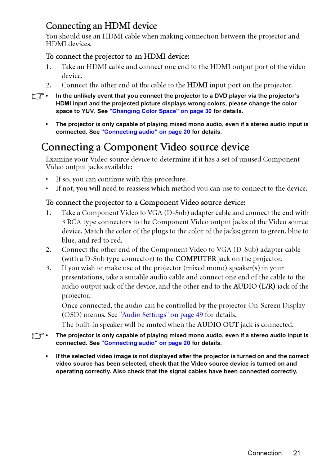 BenQ MP515 ST, MP525 ST user manual Connecting a Component Video source device, Connecting an Hdmi device 