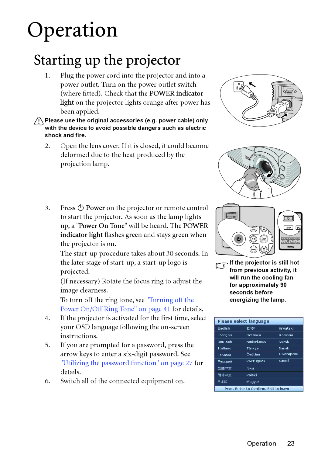 BenQ MP515 ST, MP525 ST user manual Operation, Starting up the projector, Been applied 