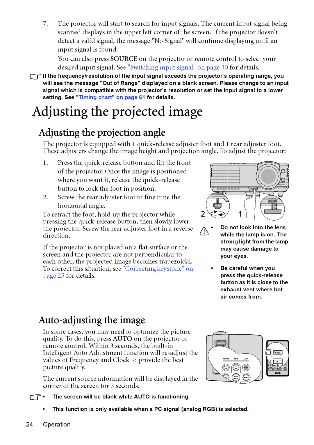 BenQ MP525 ST, MP515 ST user manual Adjusting the projected image, Adjusting the projection angle, Auto-adjusting the image 