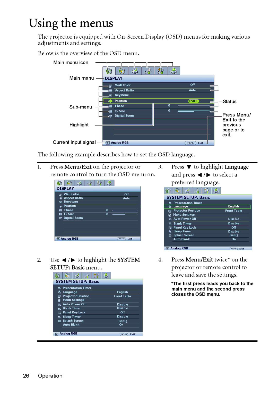 BenQ MP525 ST Using the menus, Press / to select a, Preferred language, Use / to highlight the System Setup Basic menu 