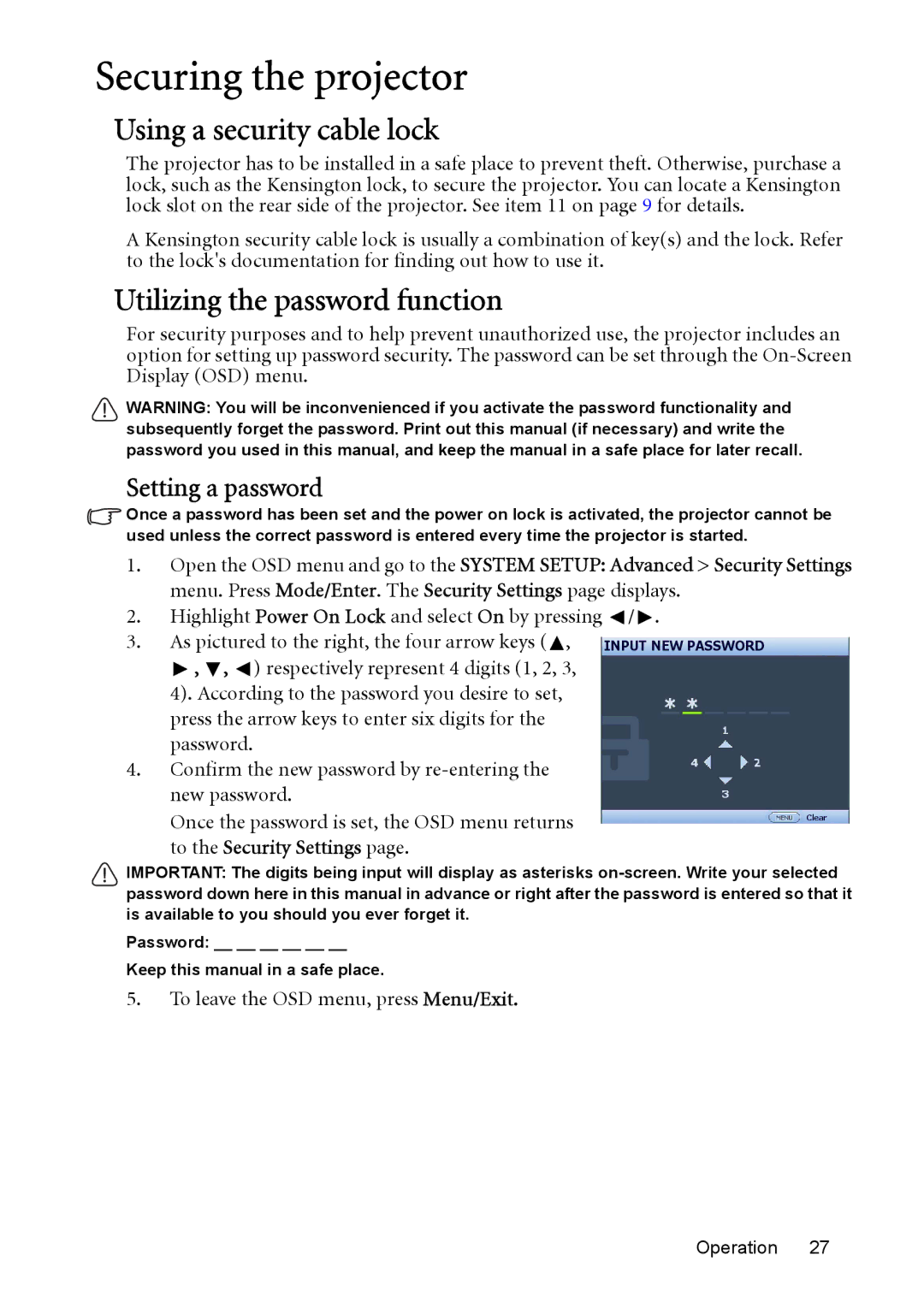 BenQ MP515 ST Securing the projector, Using a security cable lock, Utilizing the password function, Setting a password 