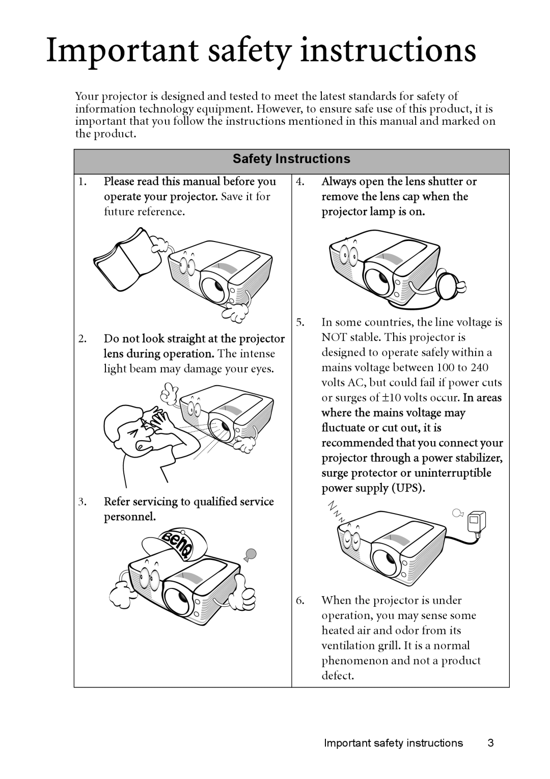 BenQ MP515 ST, MP525 ST Important safety instructions, Safety Instructions, Refer servicing to qualified service personnel 