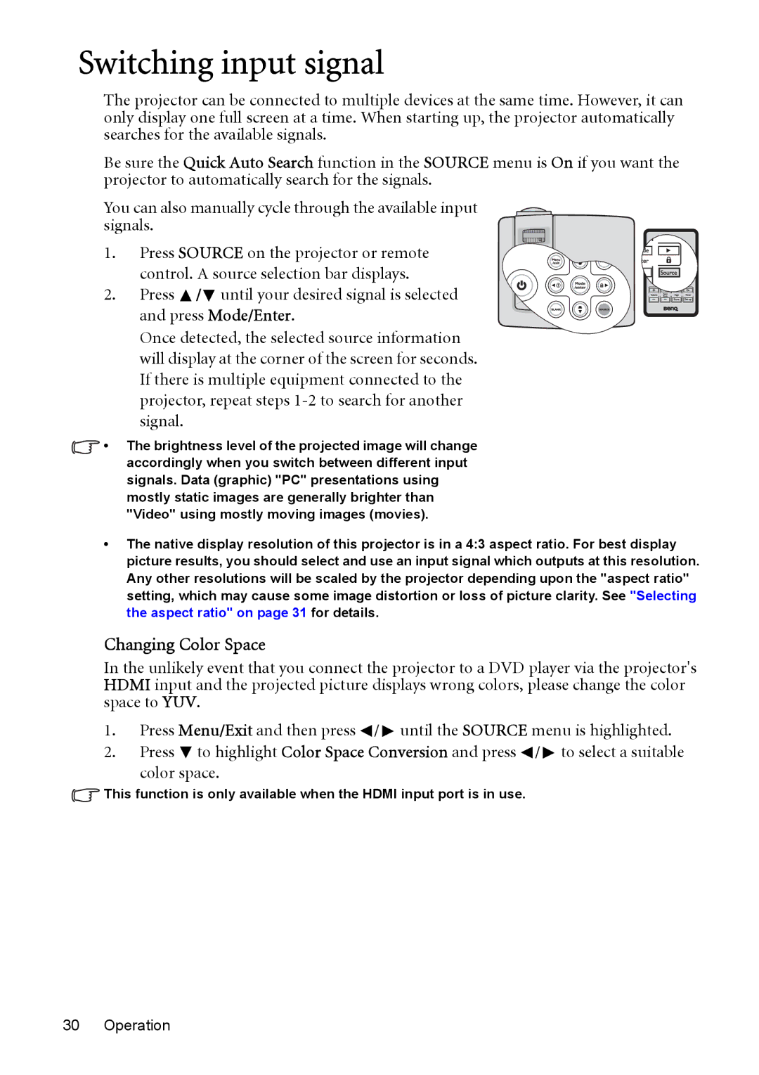 BenQ MP525 ST, MP515 ST user manual Switching input signal, Changing Color Space, Color space 