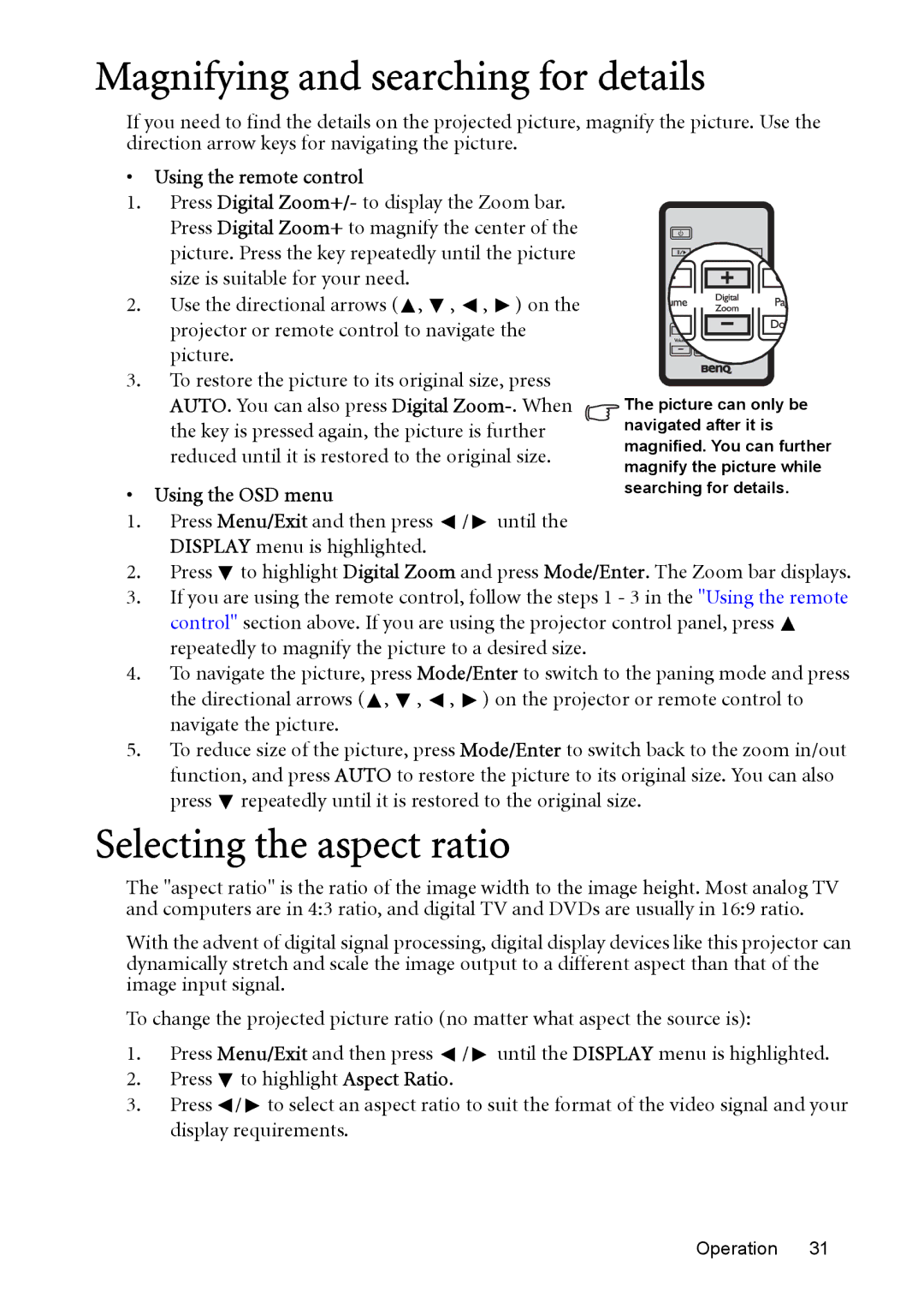 BenQ MP515 ST, MP525 ST user manual Magnifying and searching for details, Selecting the aspect ratio 