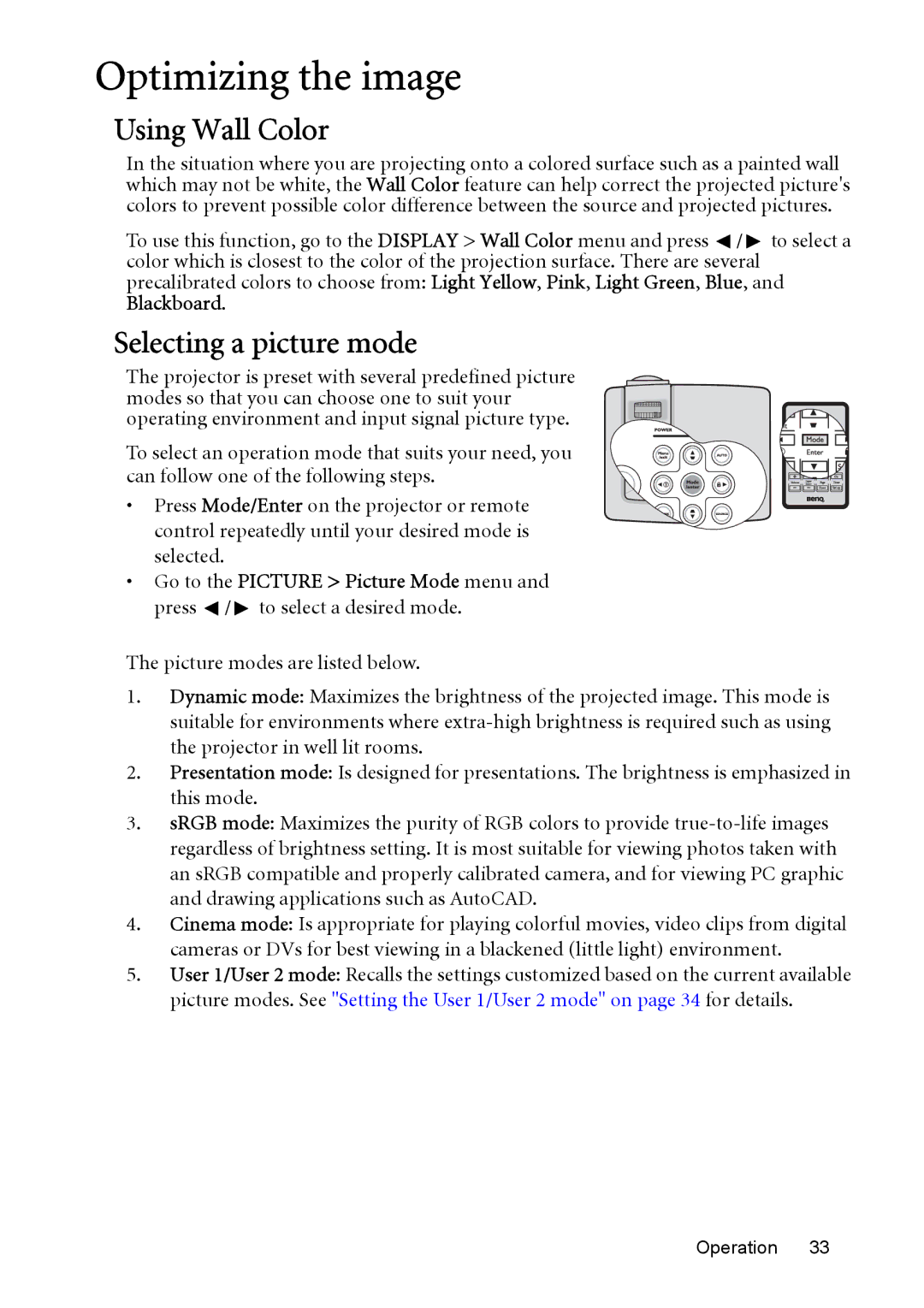 BenQ MP515 ST, MP525 ST user manual Optimizing the image, Using Wall Color, Selecting a picture mode 