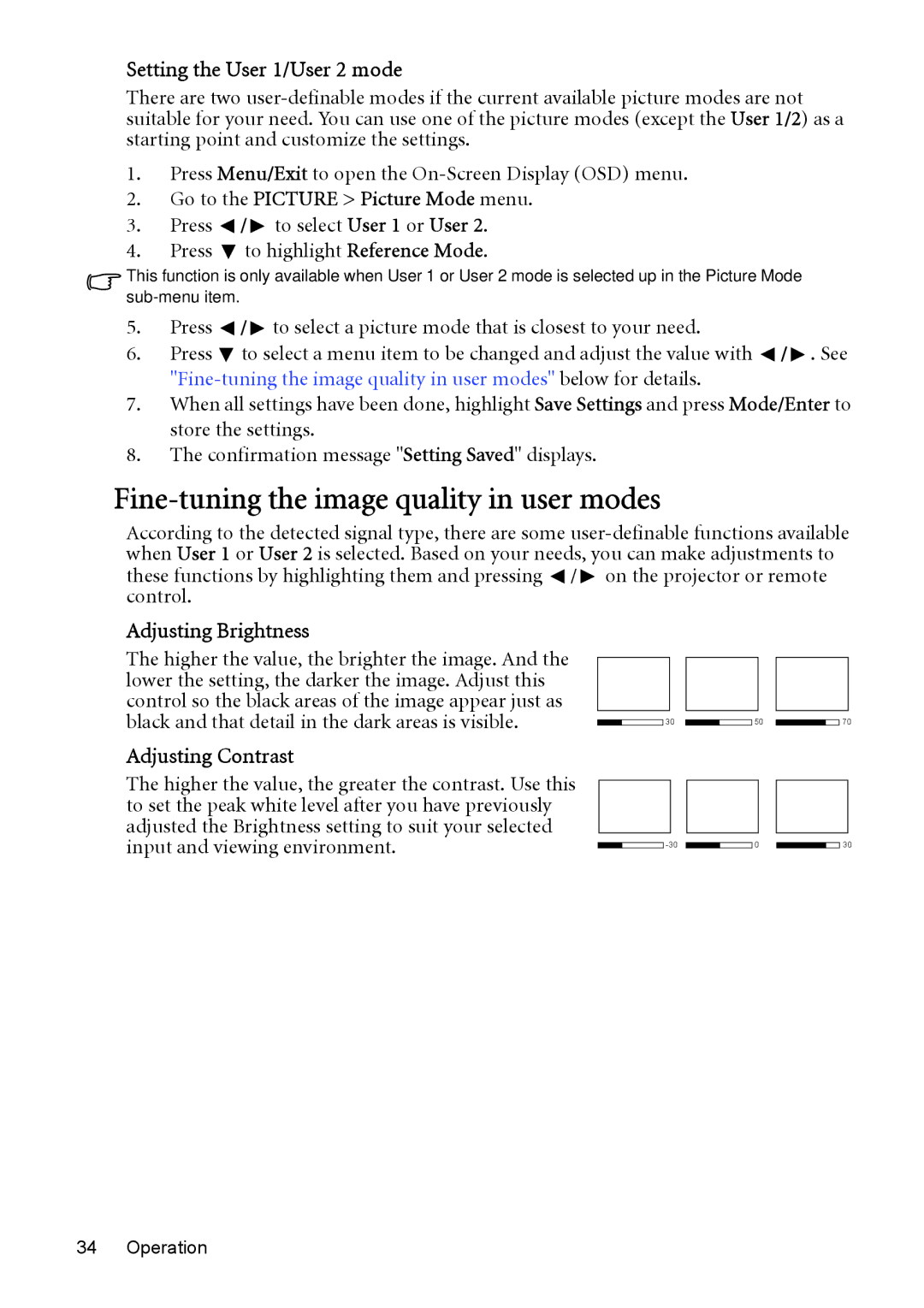 BenQ MP525 ST, MP515 ST Fine-tuning the image quality in user modes, Setting the User 1/User 2 mode, Adjusting Brightness 
