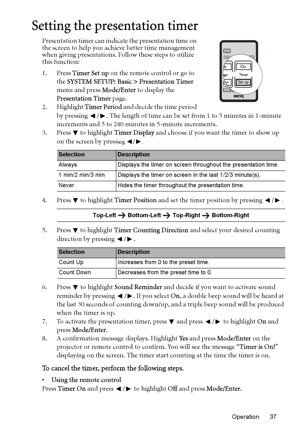 BenQ MP515 ST, MP525 ST user manual Setting the presentation timer, To cancel the timer, perform the following steps 