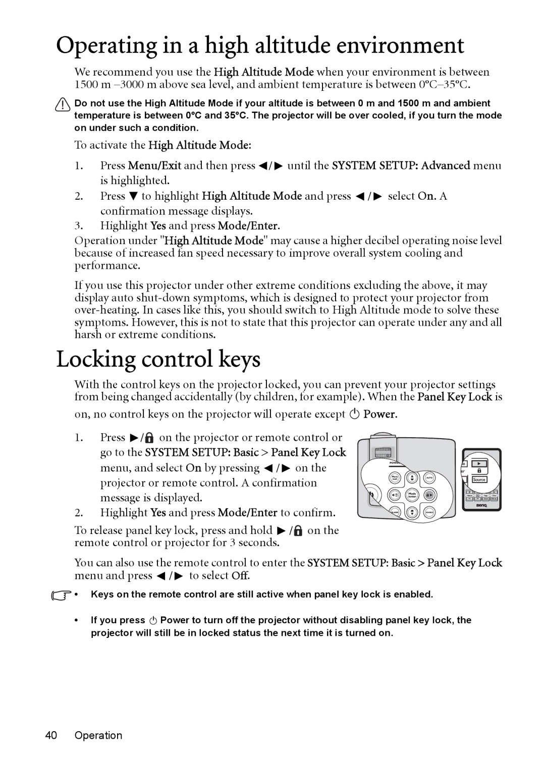 BenQ MP525 ST, MP515 ST Operating in a high altitude environment, Locking control keys, To activate the High Altitude Mode 