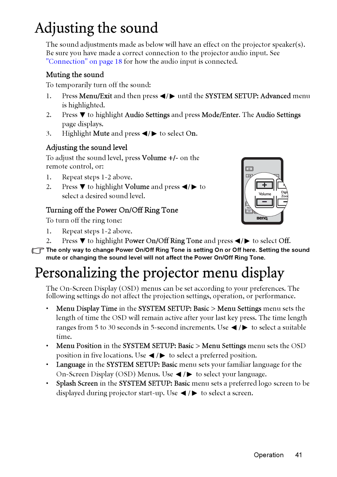 BenQ MP515 ST, MP525 ST Personalizing the projector menu display, Muting the sound, Adjusting the sound level 