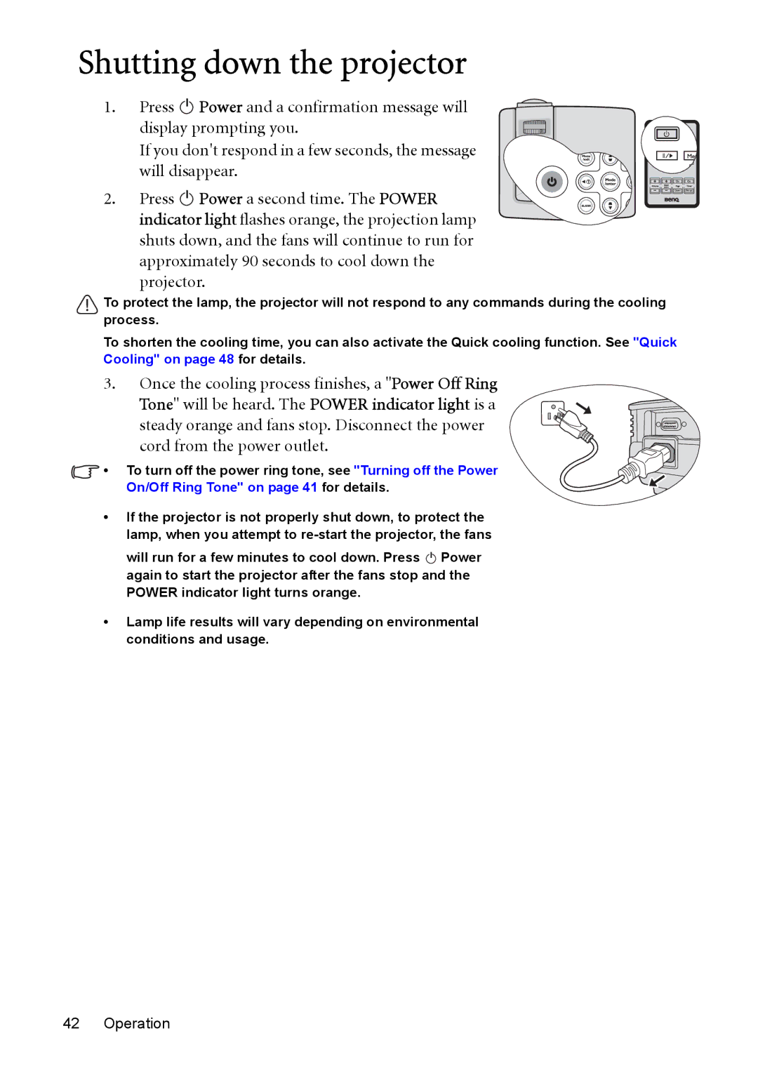 BenQ MP525 ST, MP515 ST user manual Shutting down the projector, Once the cooling process finishes, a Power Off Ring 