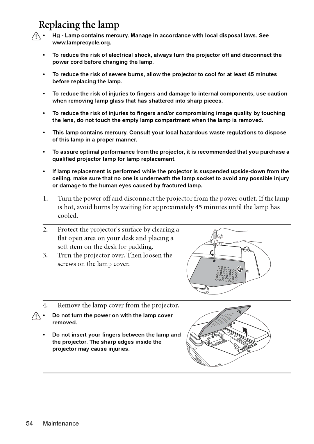 BenQ MP525 ST, MP515 ST user manual Replacing the lamp 