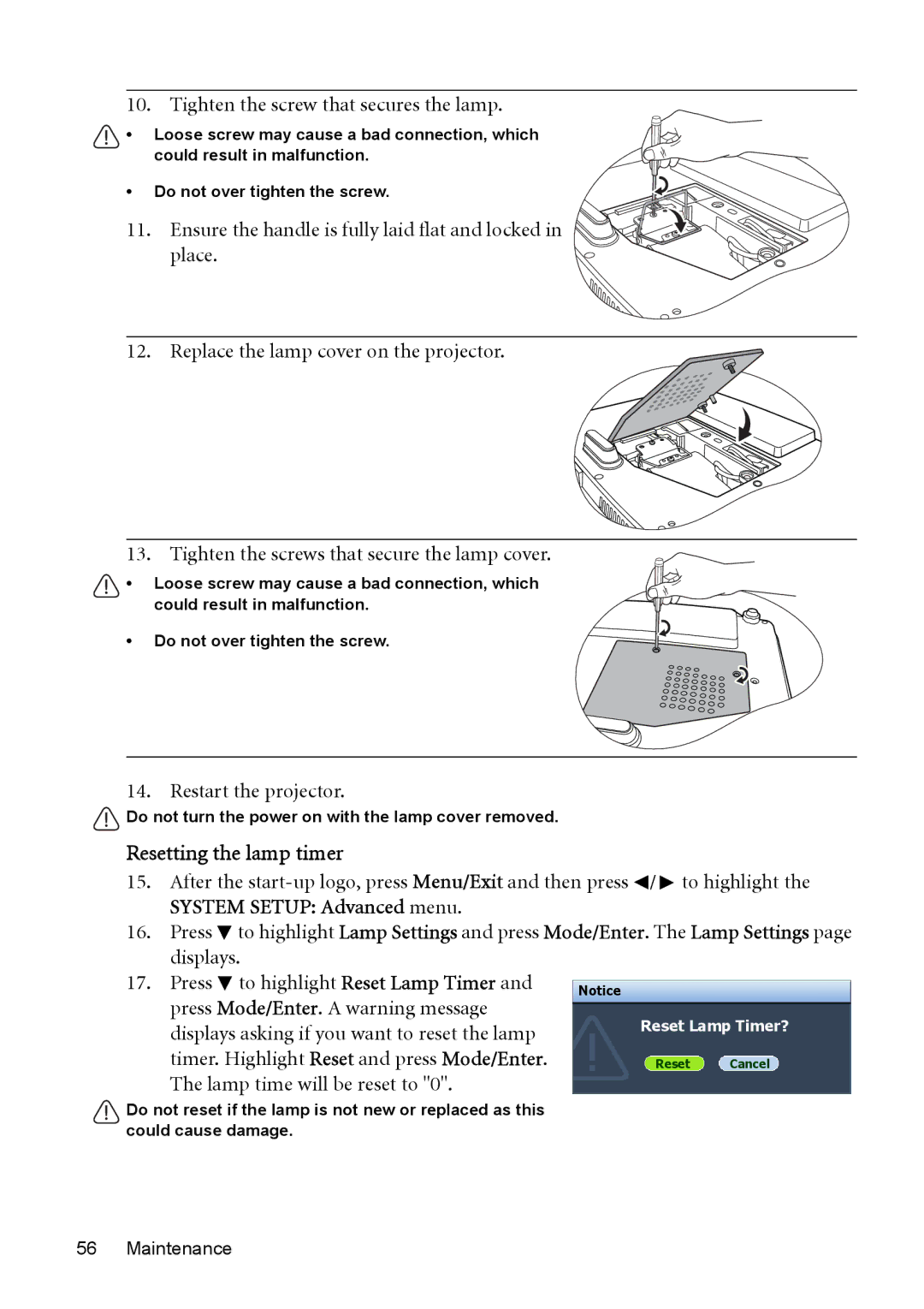 BenQ MP525 ST, MP515 ST user manual Tighten the screw that secures the lamp, Restart the projector, Resetting the lamp timer 