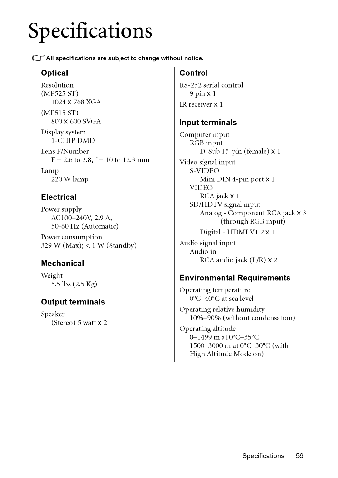 BenQ MP515 ST, MP525 ST user manual Specifications 