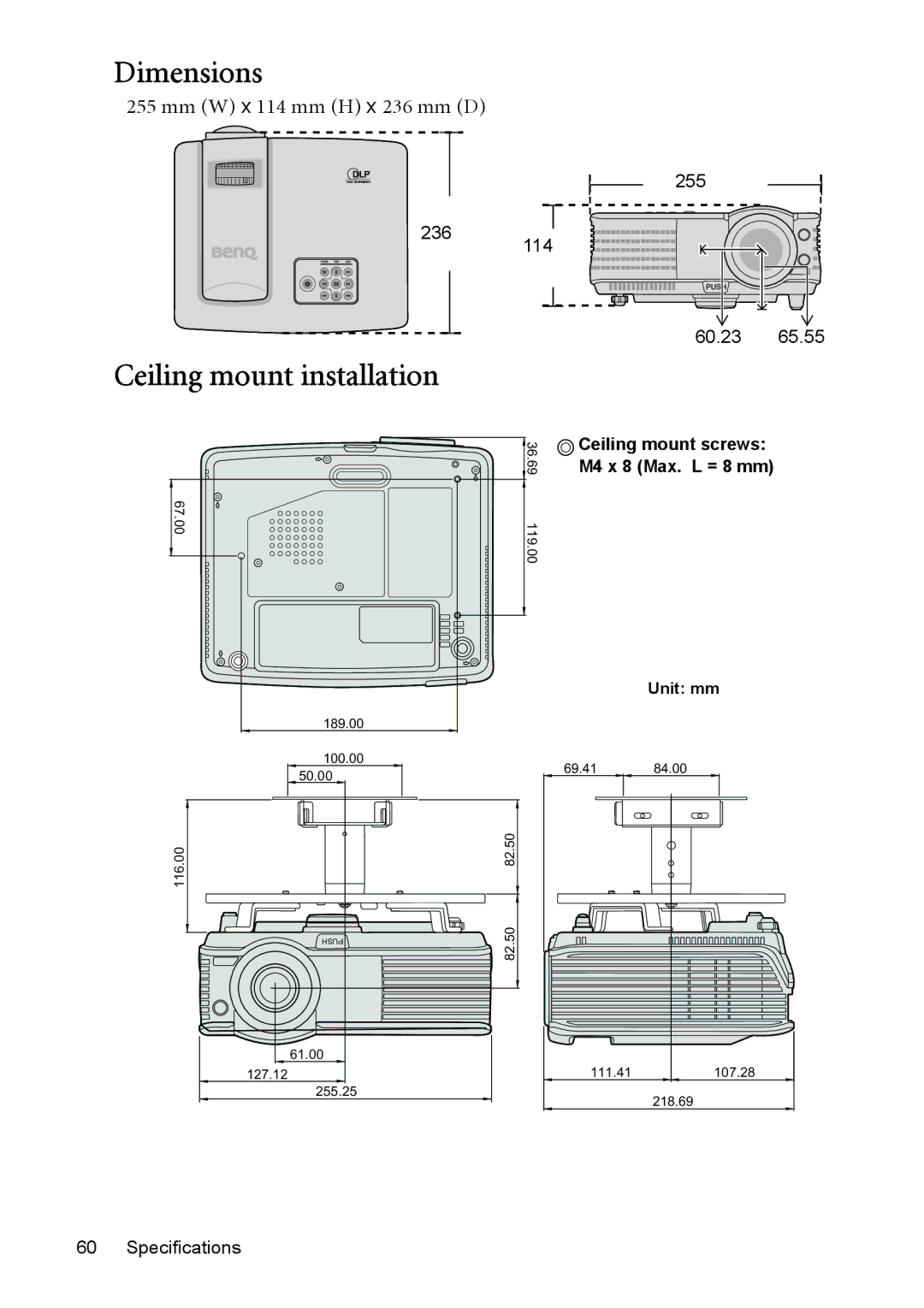 BenQ MP525 ST, MP515 ST user manual Dimensions, Ceiling mount installation, Mm W x 114 mm H x 236 mm D 