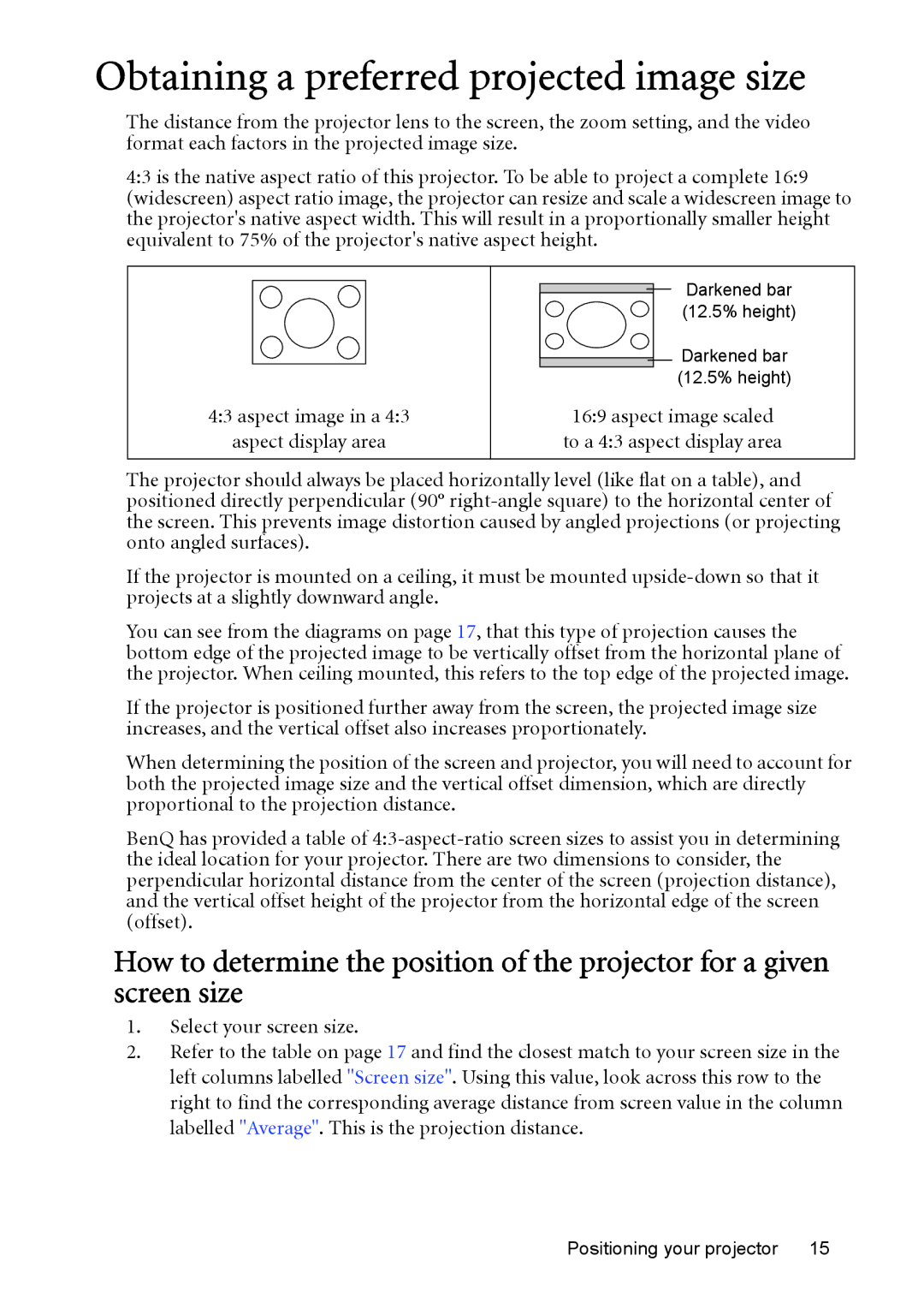 BenQ MP525 ST user manual Obtaining a preferred projected image size 