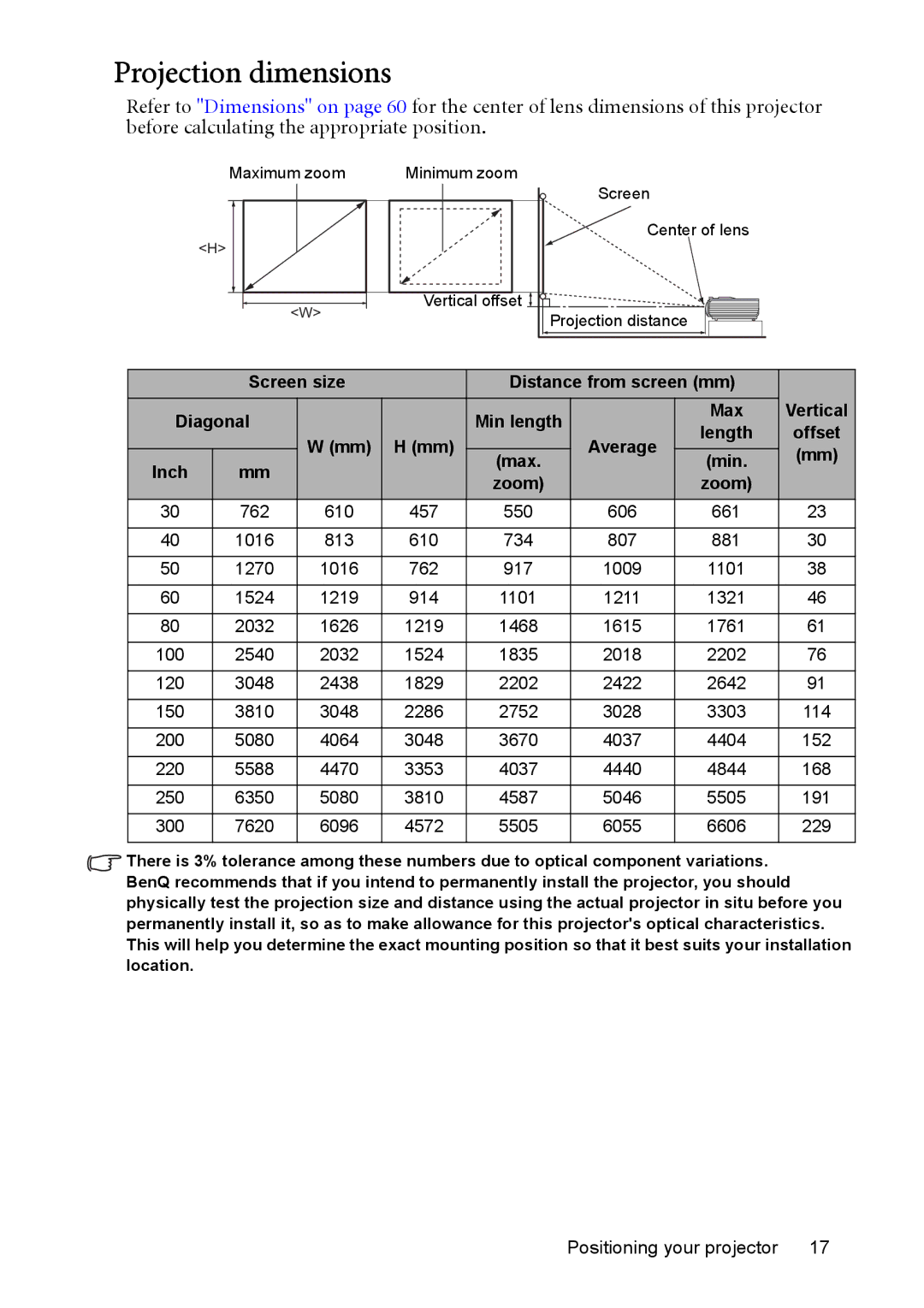 BenQ MP525 ST user manual Projection dimensions, Inch 