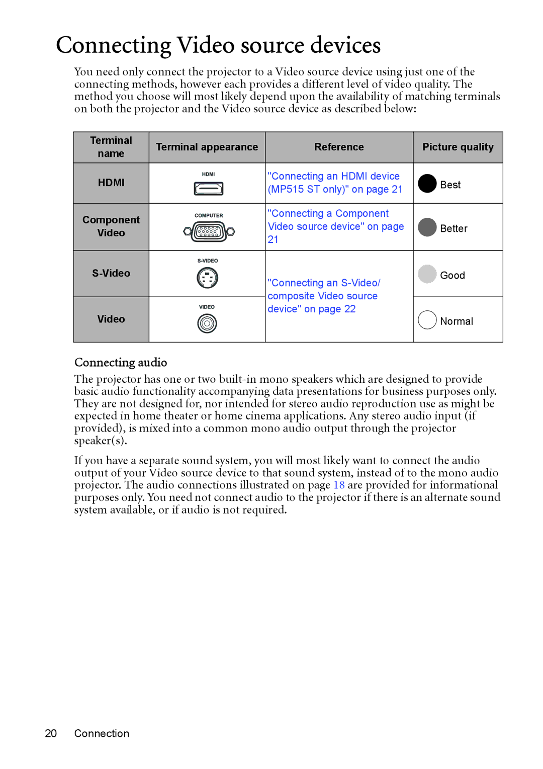 BenQ MP525 ST user manual Connecting Video source devices, Connecting audio 