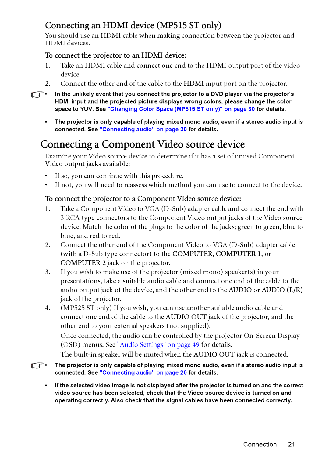 BenQ MP525 ST user manual Connecting a Component Video source device, Connecting an Hdmi device MP515 ST only 