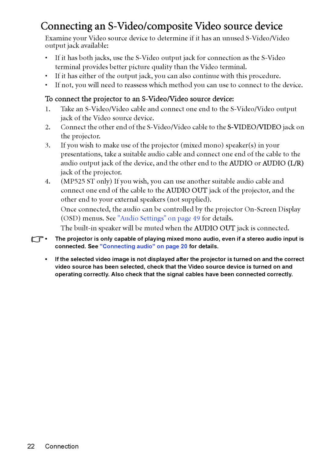 BenQ MP525 ST user manual Connecting an S-Video/composite Video source device 