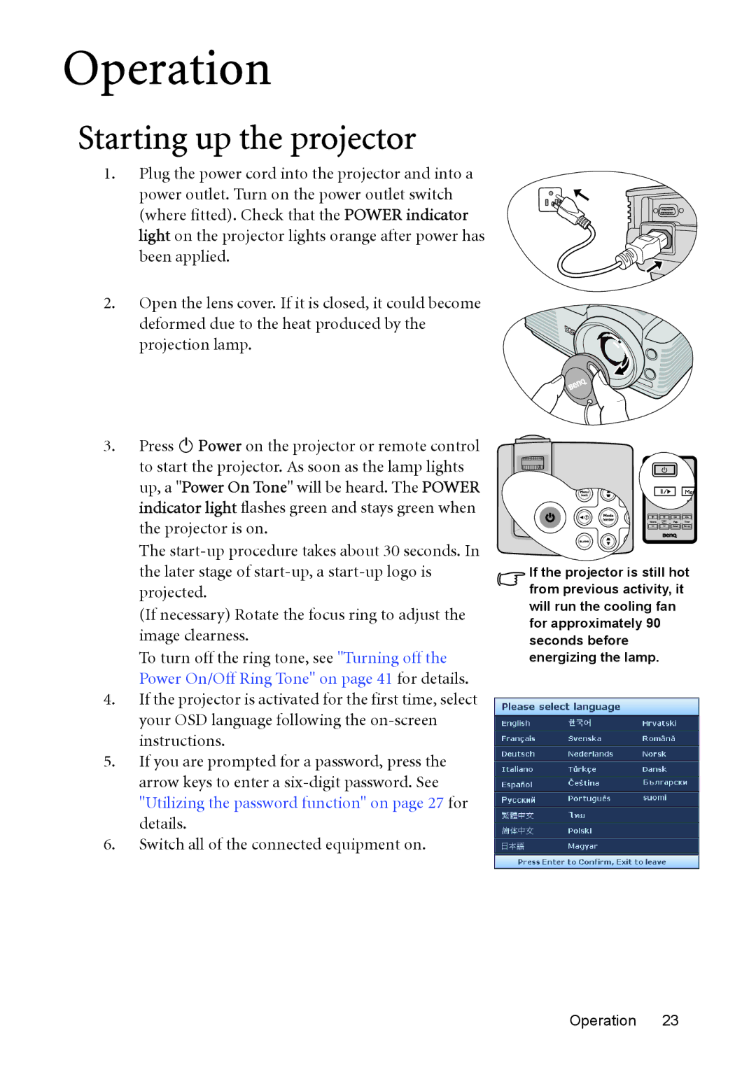 BenQ MP525 ST user manual Operation, Starting up the projector 