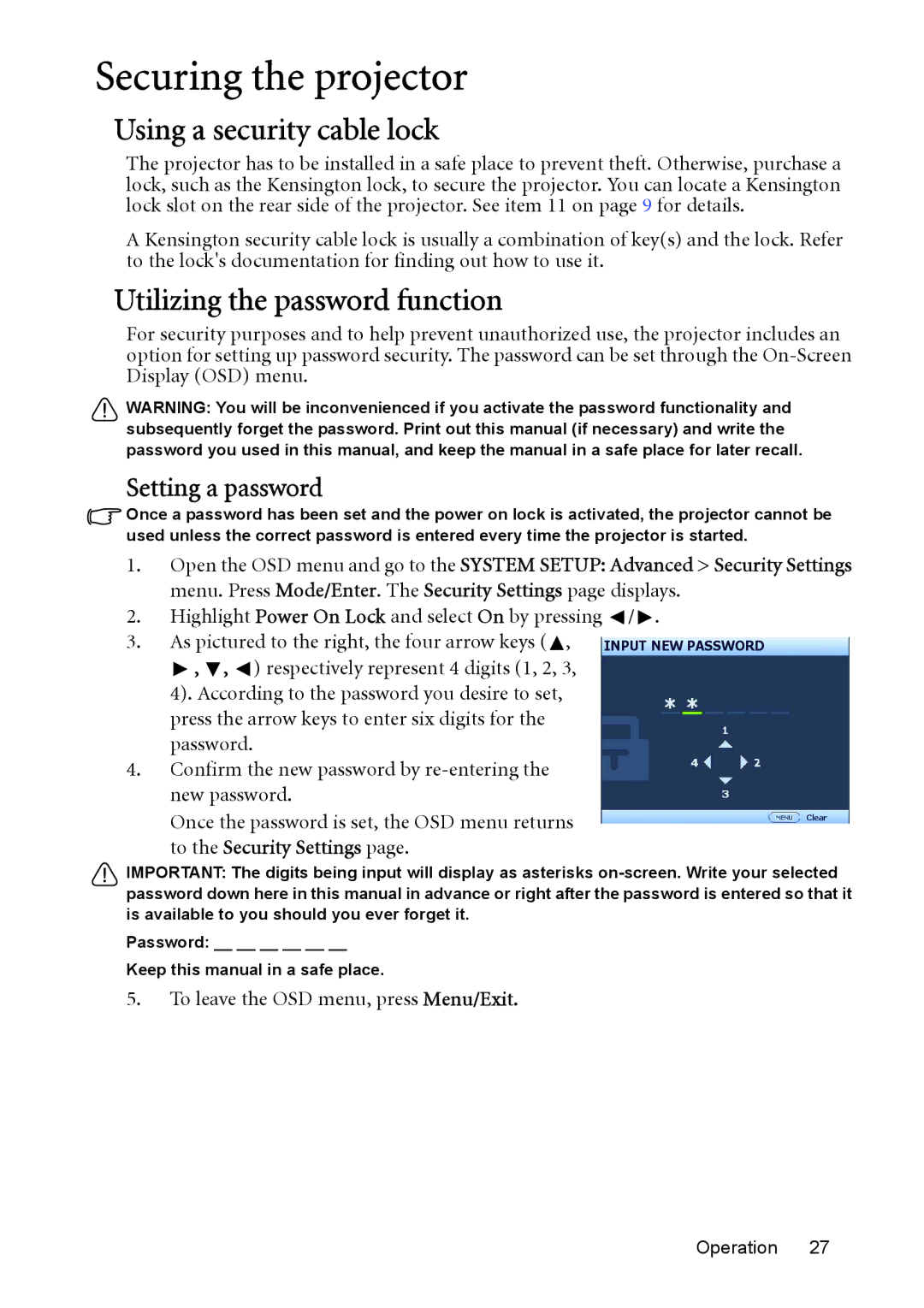 BenQ MP525 ST Securing the projector, Using a security cable lock, Utilizing the password function, Setting a password 