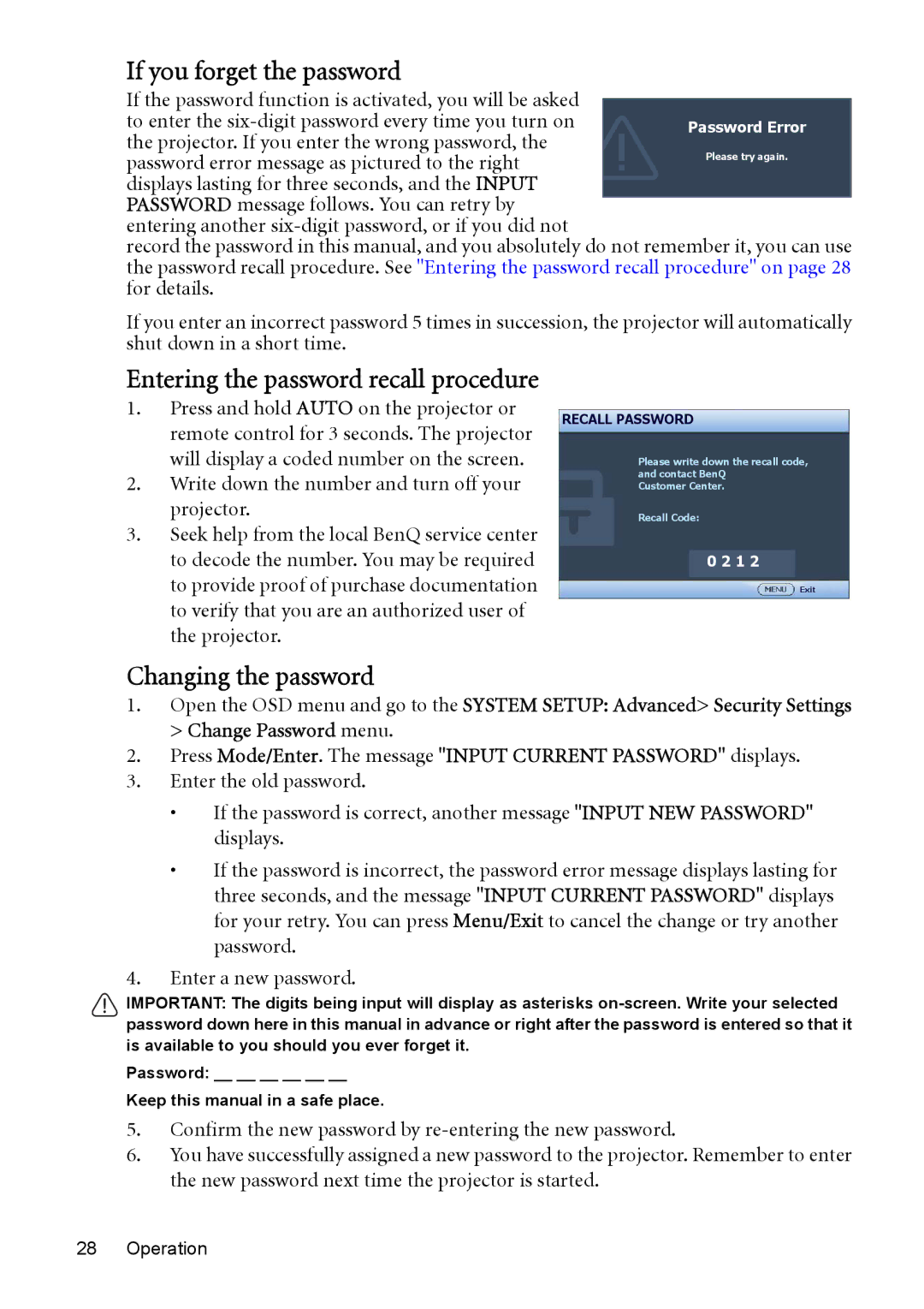 BenQ MP525 ST user manual If you forget the password, Entering the password recall procedure, Changing the password 