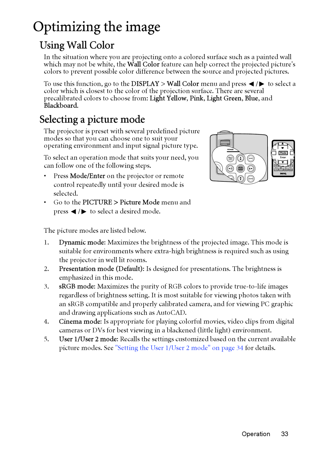 BenQ MP525 ST user manual Optimizing the image, Using Wall Color, Selecting a picture mode 