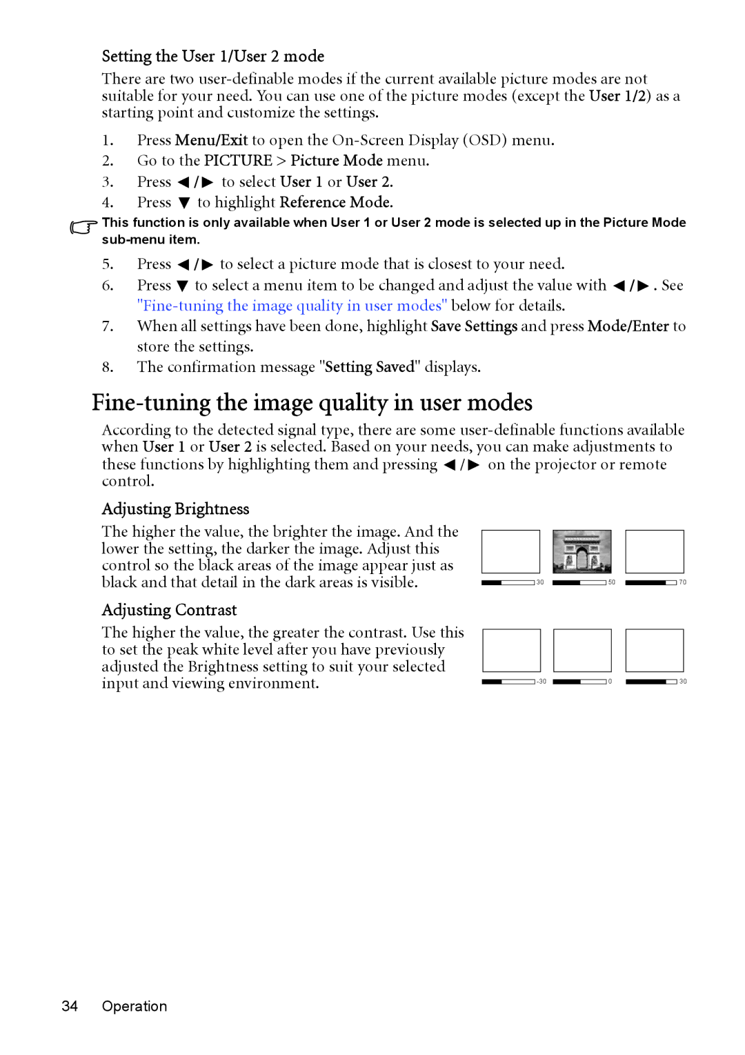 BenQ MP525 ST user manual Fine-tuning the image quality in user modes, Setting the User 1/User 2 mode, Adjusting Brightness 