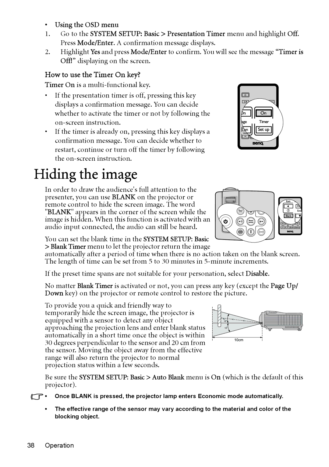 BenQ MP525 ST user manual Hiding the image, How to use the Timer On key? 