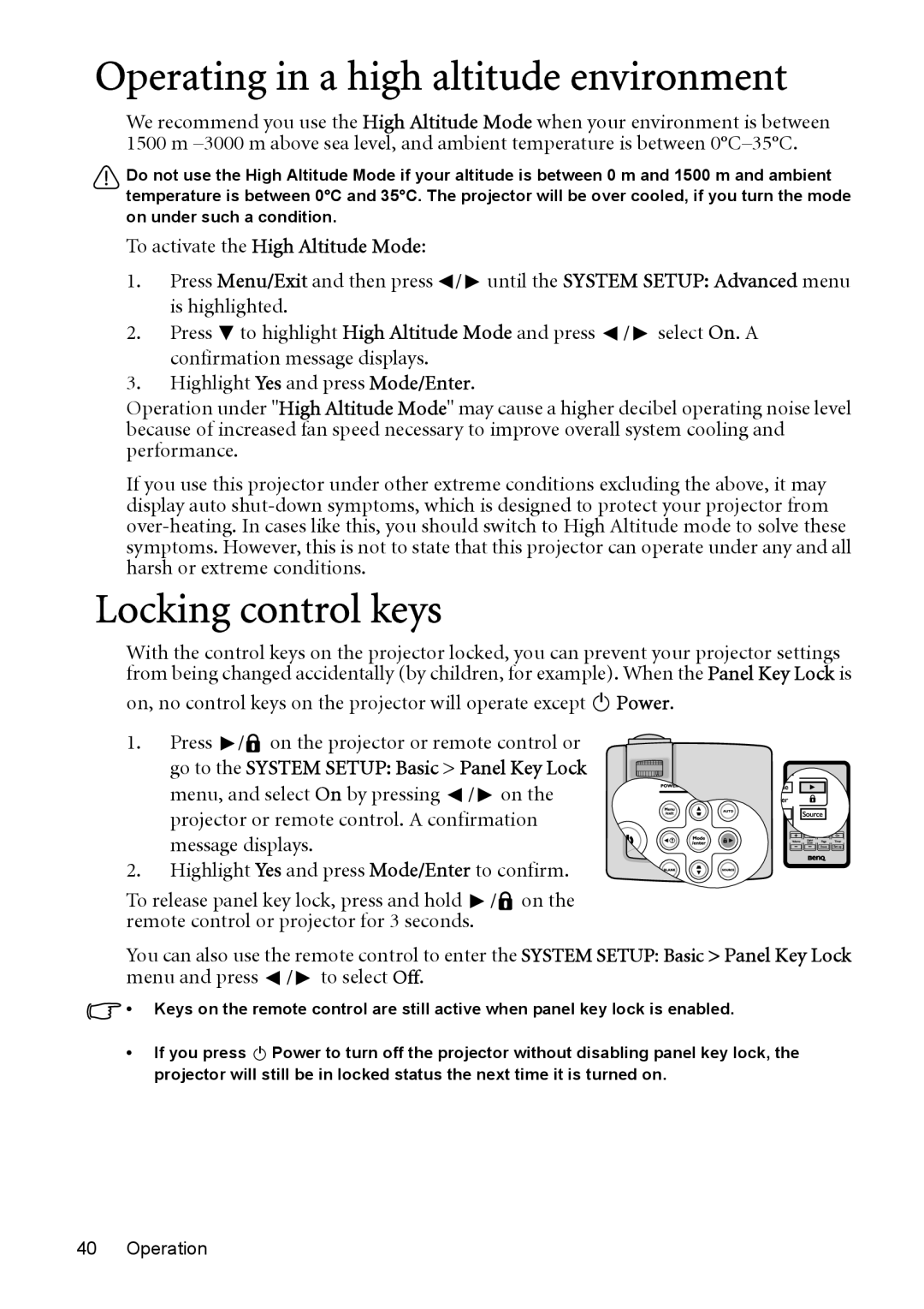 BenQ MP525 ST Operating in a high altitude environment, Locking control keys, To activate the High Altitude Mode 