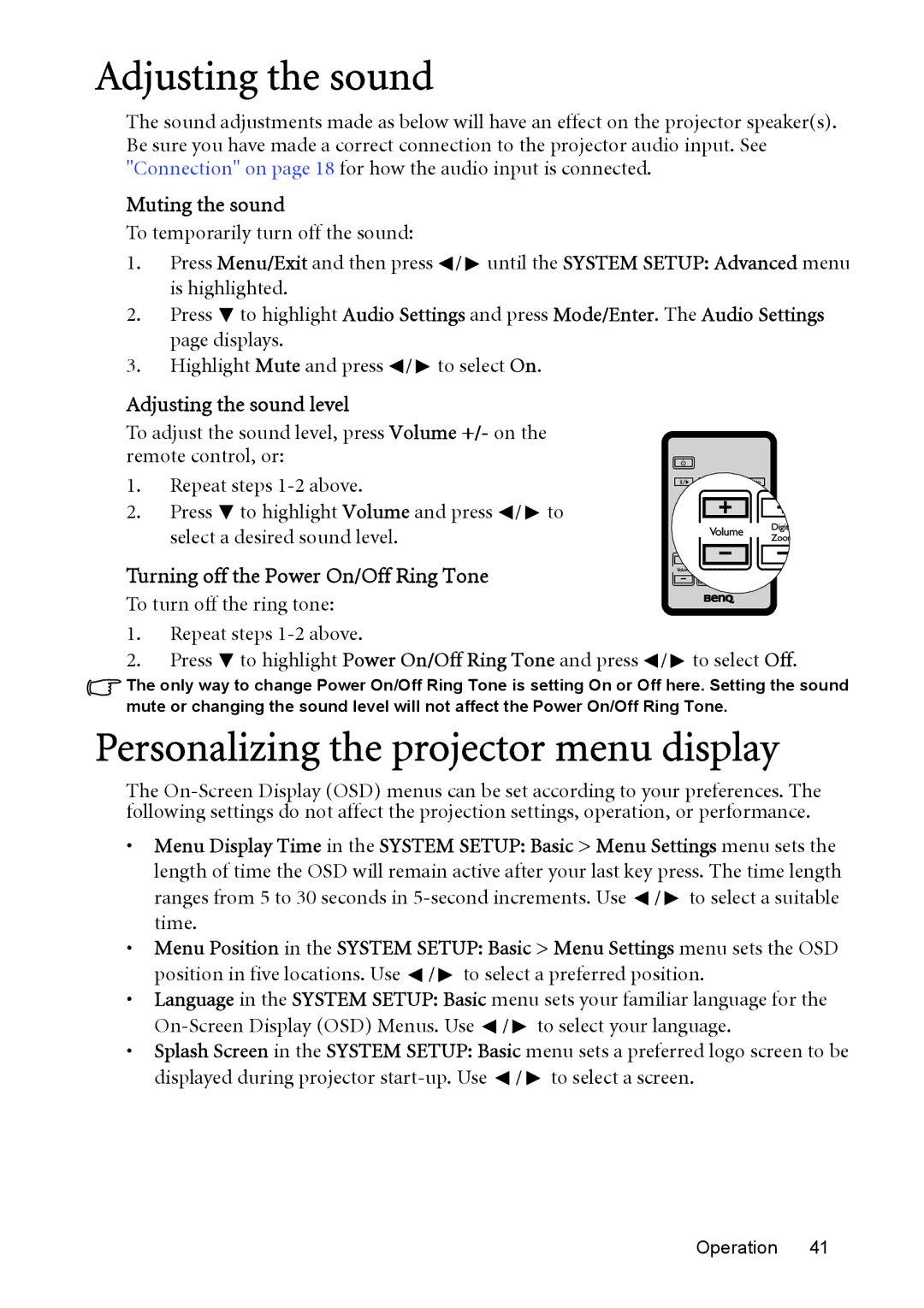 BenQ MP525 ST user manual Personalizing the projector menu display, Muting the sound, Adjusting the sound level 