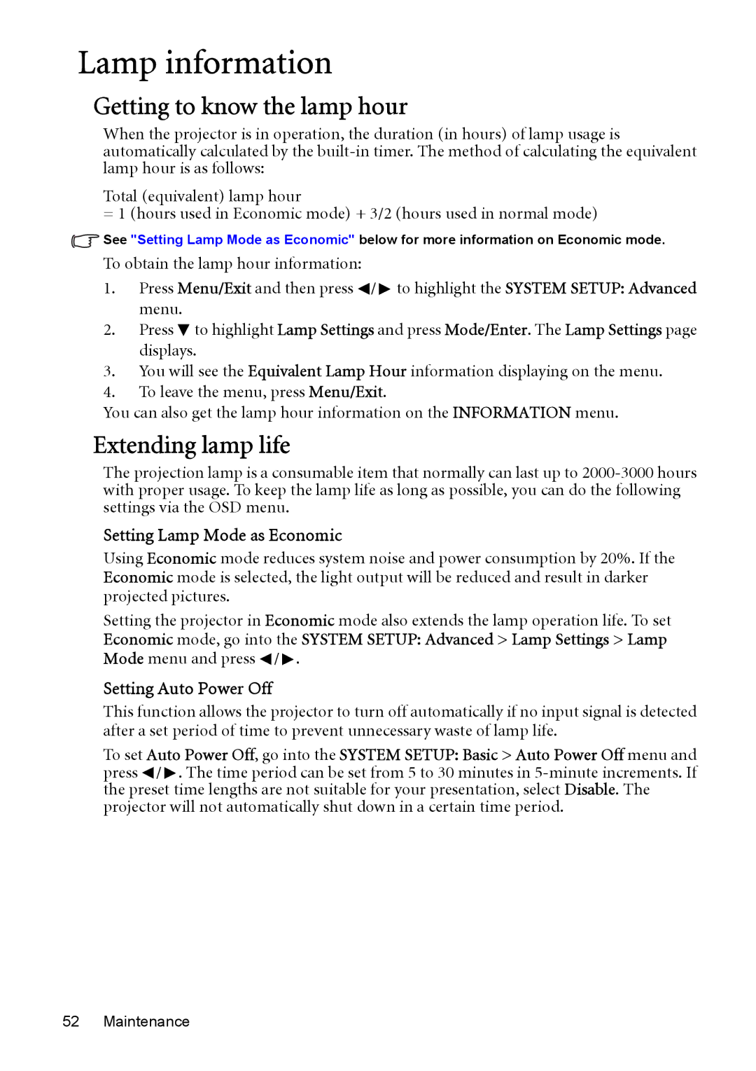 BenQ MP525 ST Lamp information, Getting to know the lamp hour, Extending lamp life, Setting Lamp Mode as Economic 