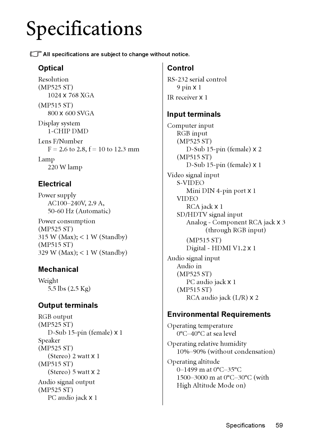 BenQ MP525 ST user manual Specifications 