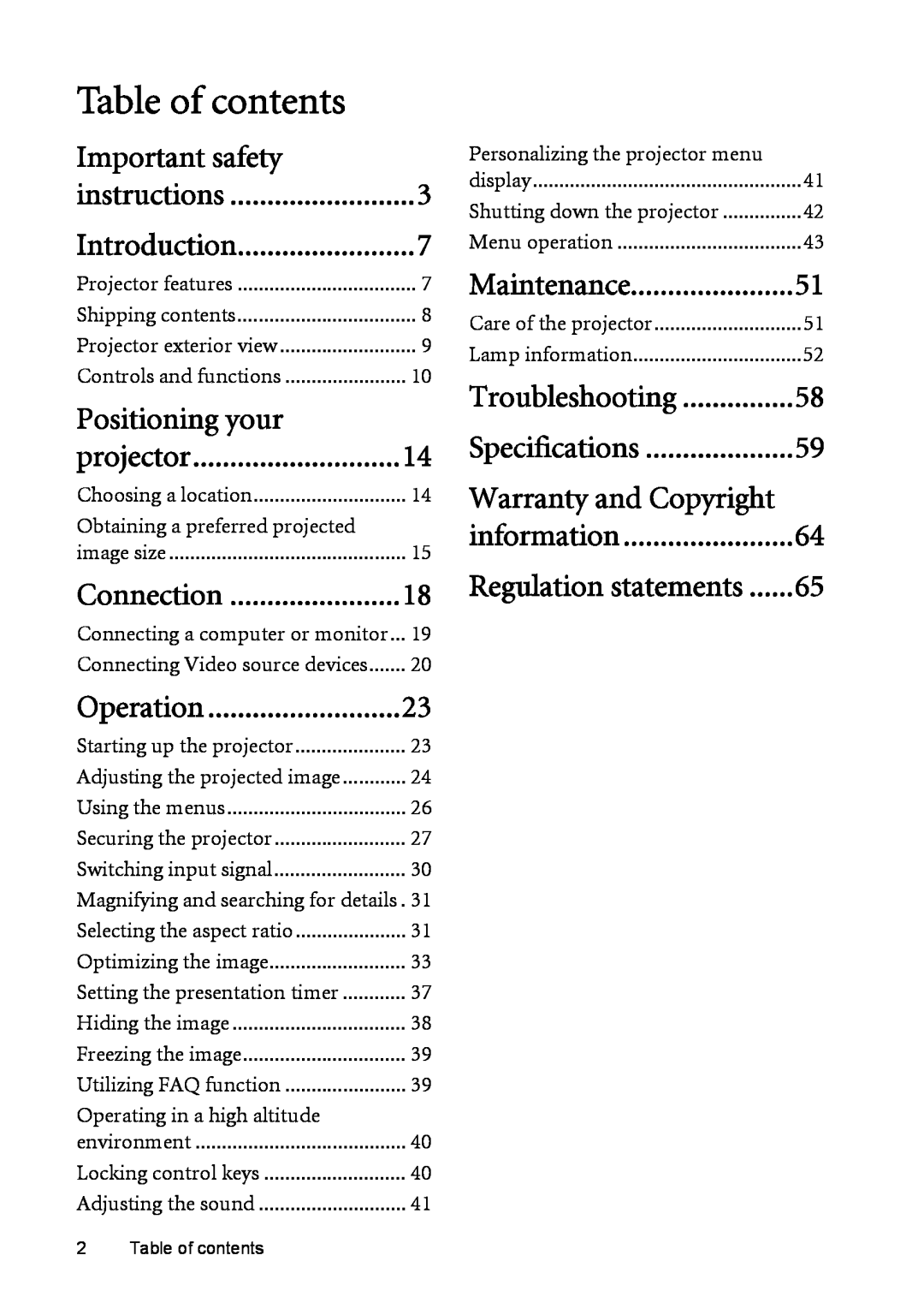 BenQ MP525 ST user manual Table of contents, Important safety, Positioning your, Warranty and Copyright 