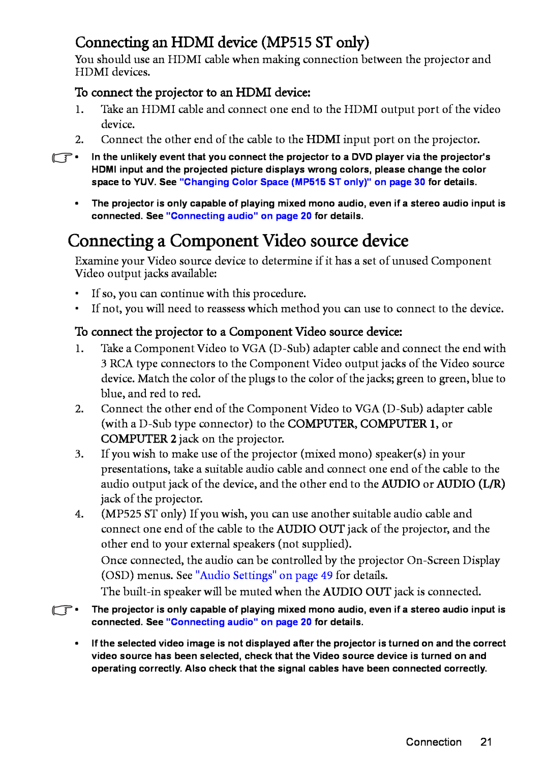 BenQ MP525 ST user manual Connecting a Component Video source device, Connecting an HDMI device MP515 ST only 