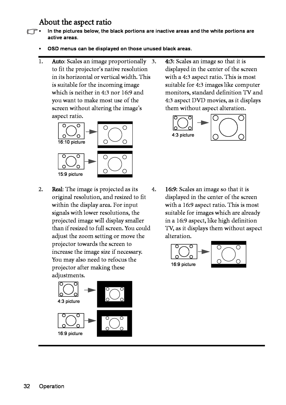 BenQ MP525 ST user manual About the aspect ratio, Operation 