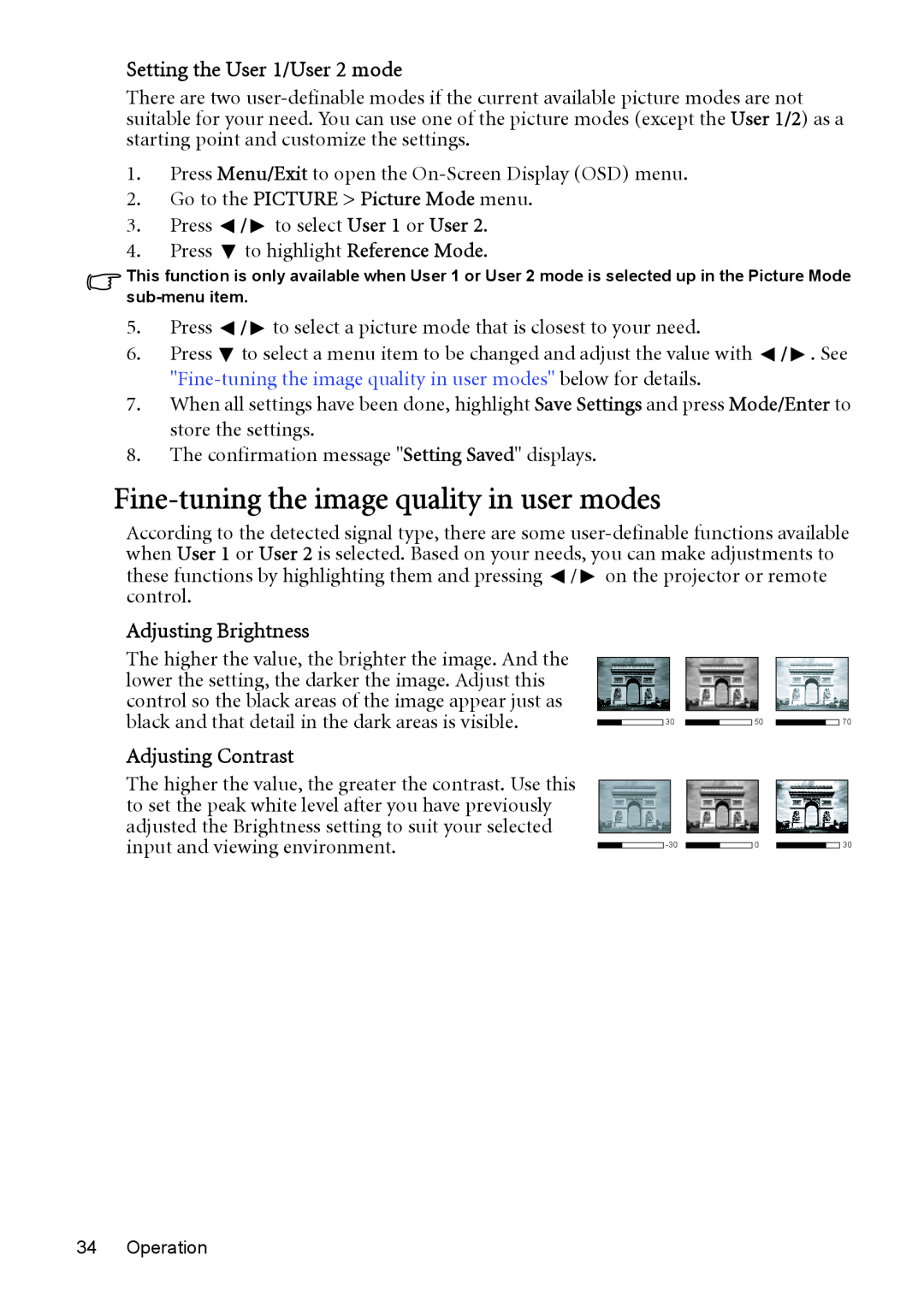 BenQ MP525 ST user manual Fine-tuning the image quality in user modes, Setting the User 1/User 2 mode, Adjusting Brightness 