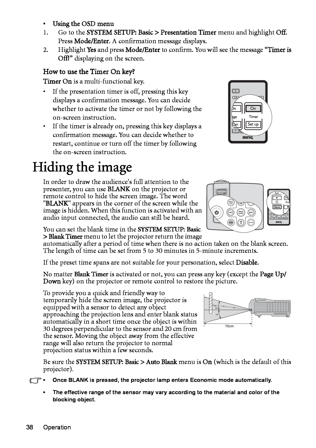 BenQ MP525 ST user manual Hiding the image, Using the OSD menu, How to use the Timer On key? 