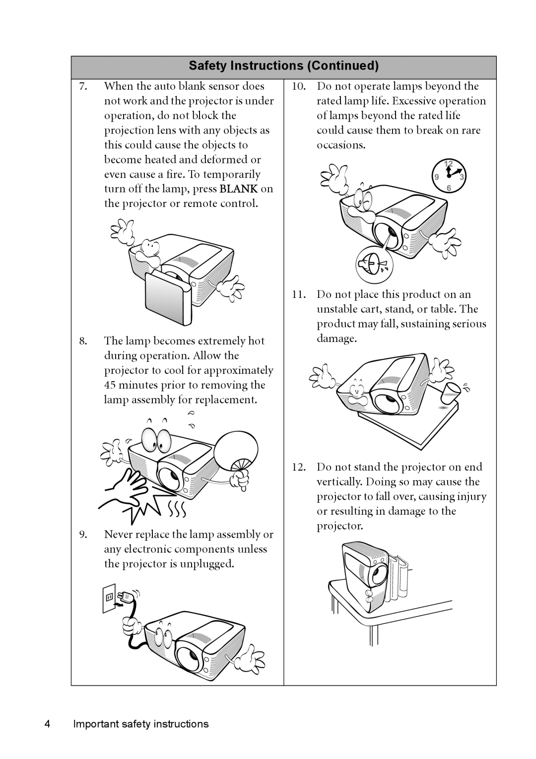 BenQ MP525 ST user manual Safety Instructions Continued, Important safety instructions 