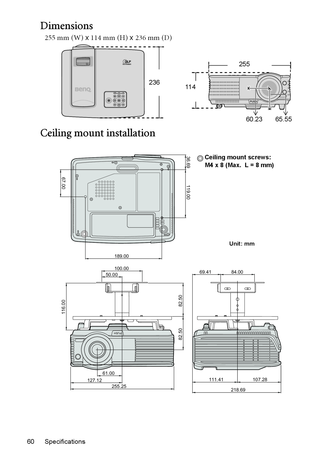 BenQ MP525 ST user manual Dimensions, Ceiling mount installation, mm W x 114 mm H x 236 mm D 