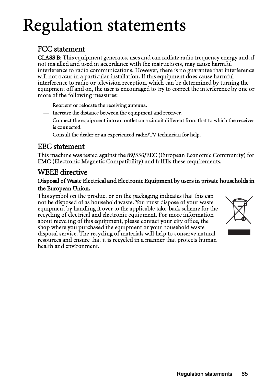 BenQ MP525 ST user manual Regulation statements, FCC statement, EEC statement, WEEE directive 