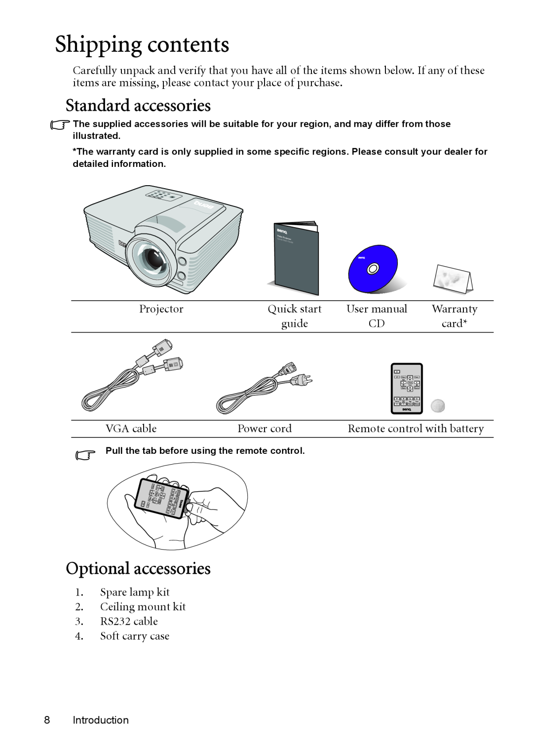 BenQ MP525 ST user manual Shipping contents, Standard accessories, Optional accessories 