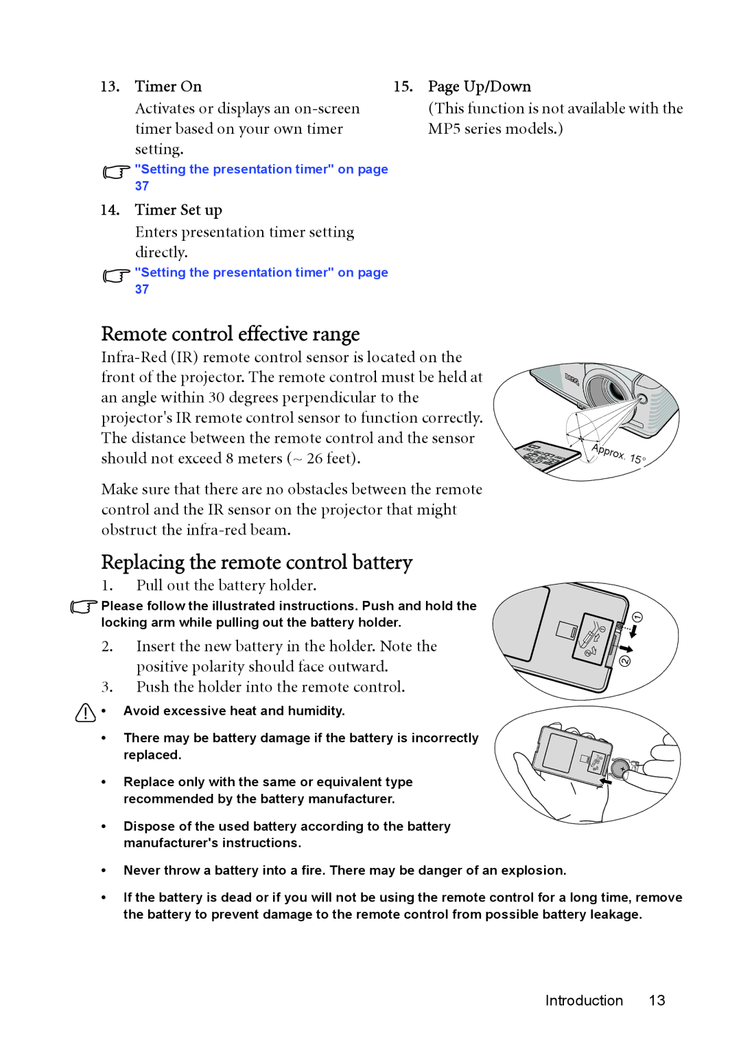 BenQ MP515, MP576, MP575, MP525 Remote control effective range, Replacing the remote control battery, Timer On, Timer Set up 