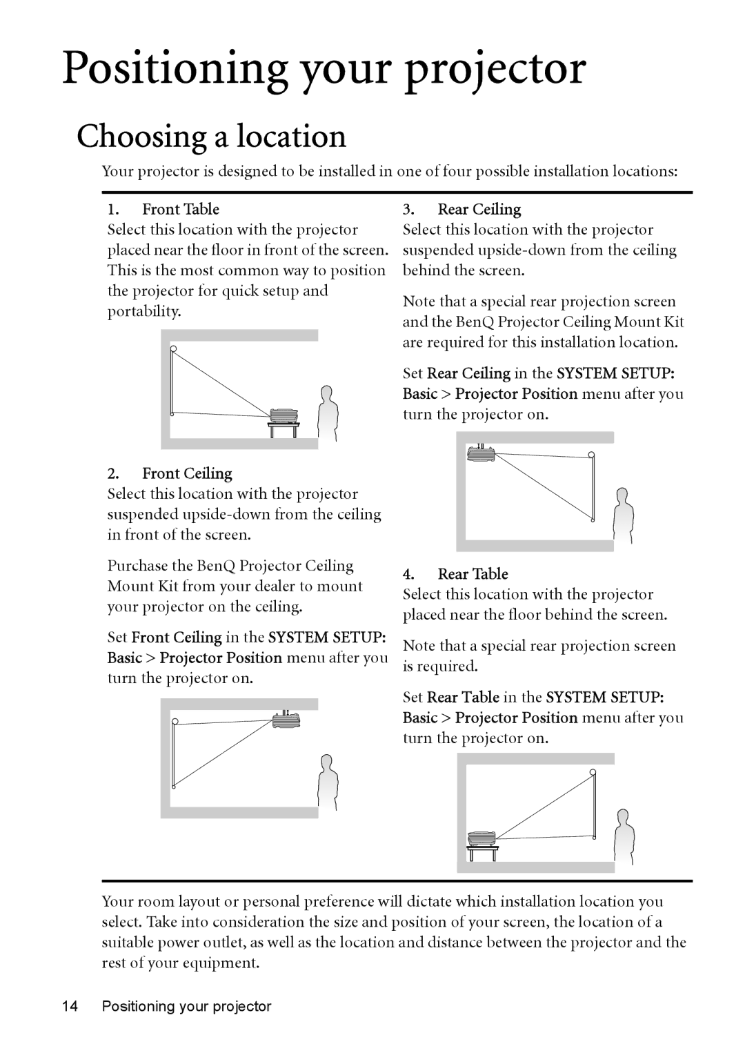 BenQ MP526, MP576, MP575, MP525, MP515 manual Positioning your projector, Choosing a location 