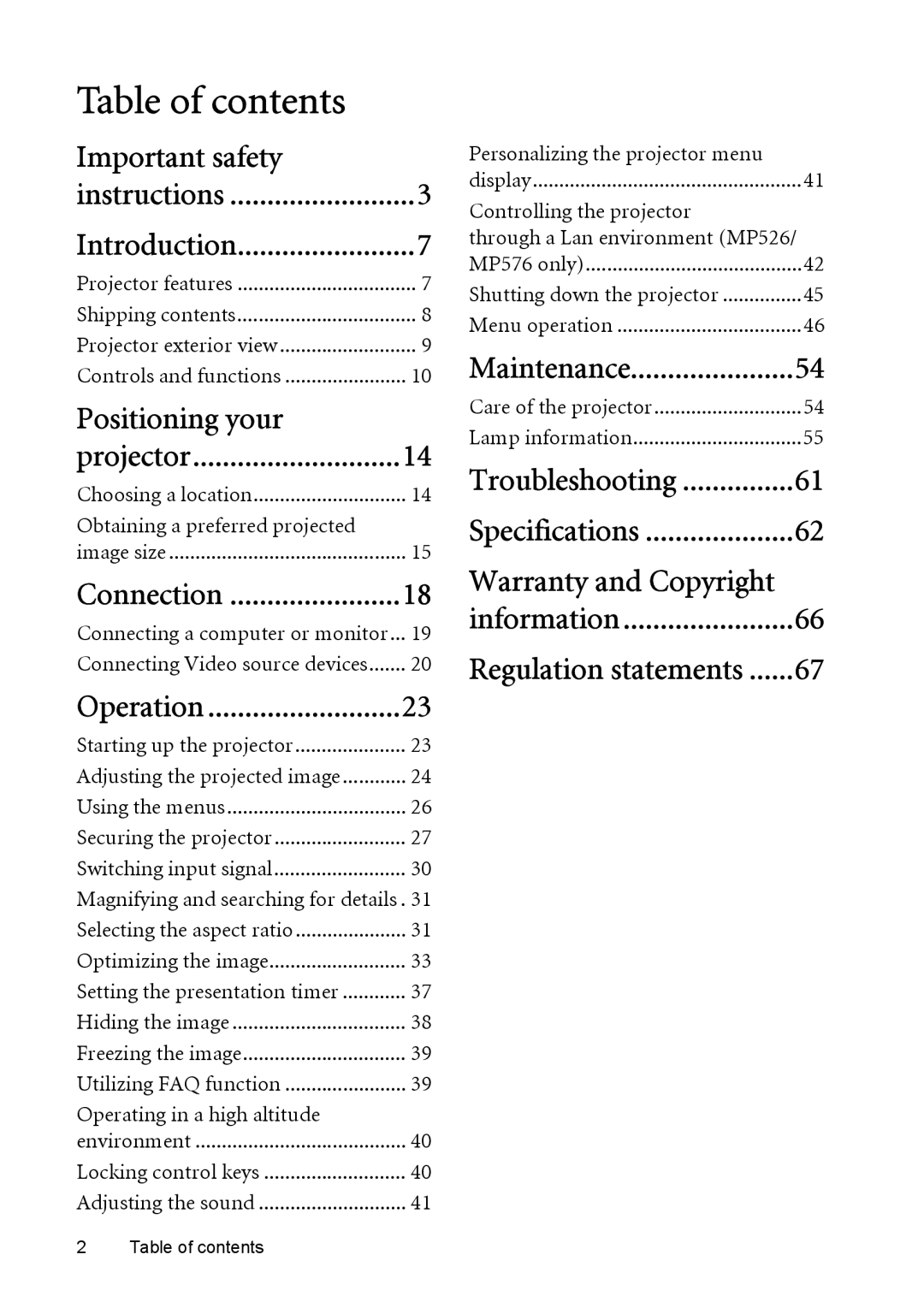 BenQ MP525, MP576, MP575, MP515, MP526 manual Table of contents 