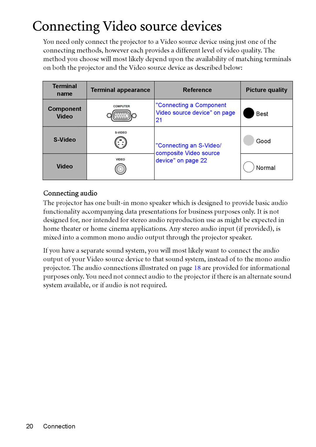 BenQ MP576, MP575, MP525, MP515, MP526 manual Connecting Video source devices, Connecting audio 