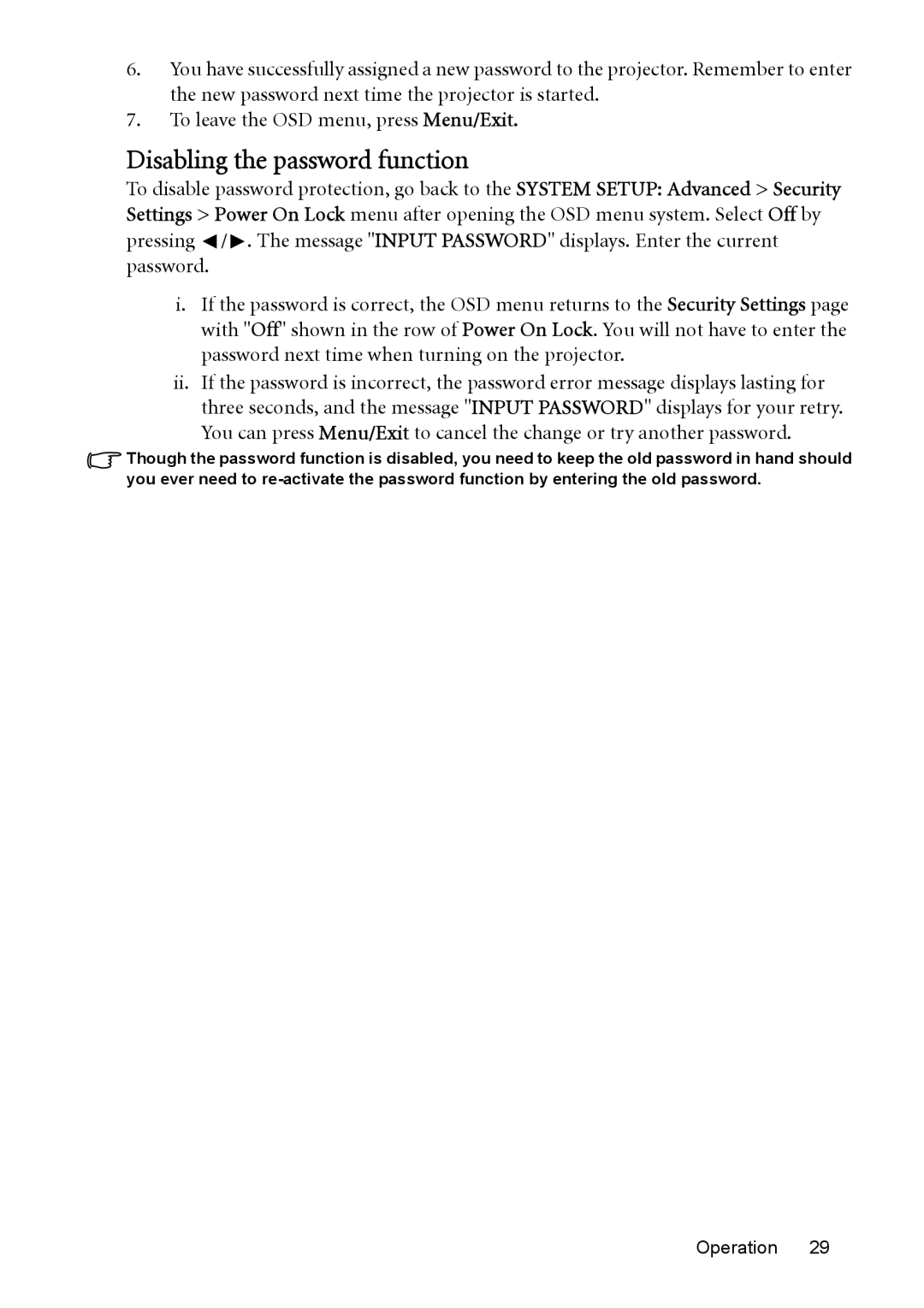 BenQ MP526, MP576, MP575, MP525, MP515 manual Disabling the password function 