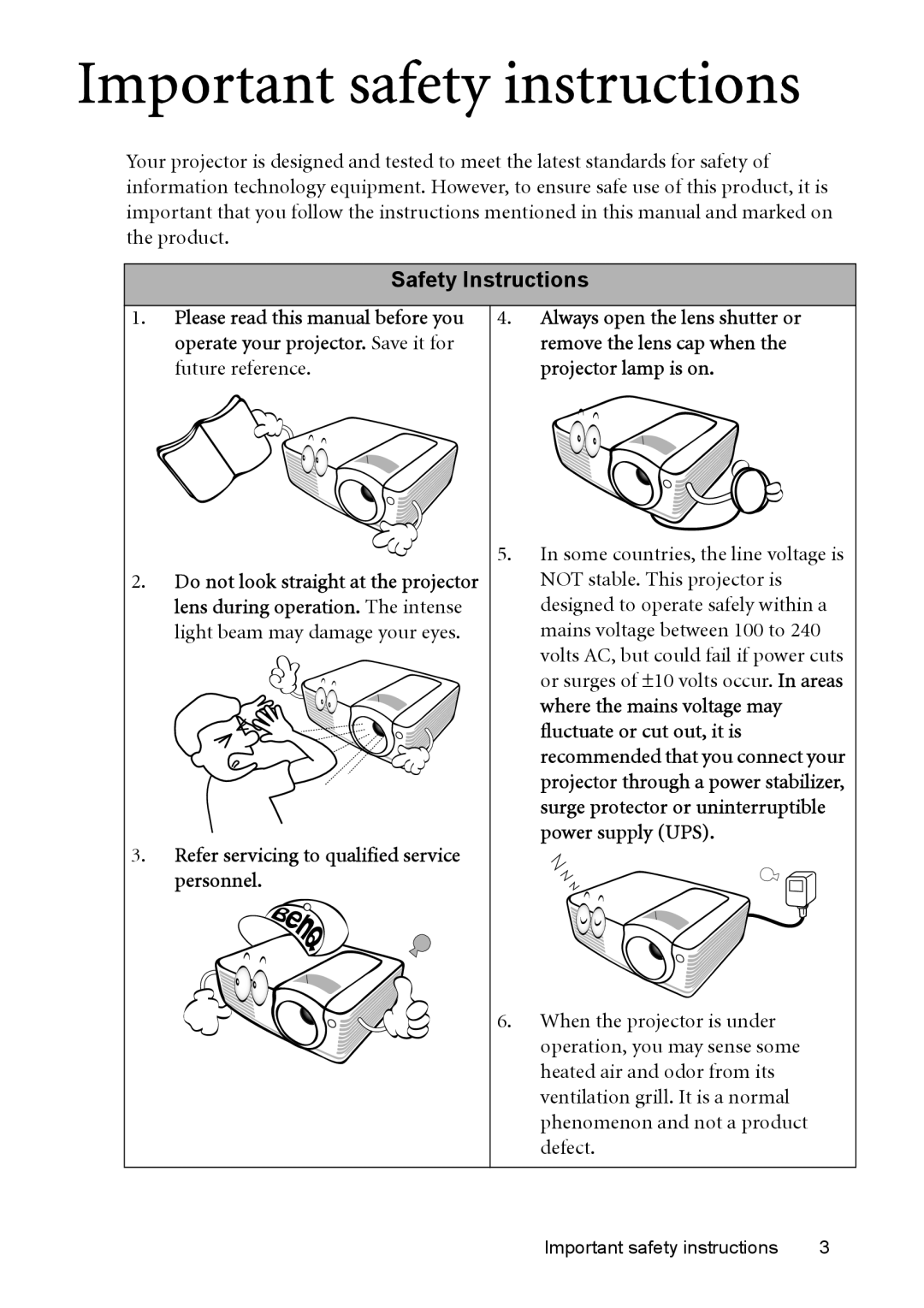 BenQ MP515, MP576, MP575 Important safety instructions, Safety Instructions, Refer servicing to qualified service personnel 