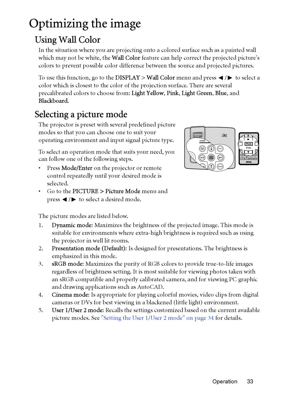 BenQ MP515, MP576, MP575, MP525, MP526 manual Optimizing the image, Using Wall Color, Selecting a picture mode 